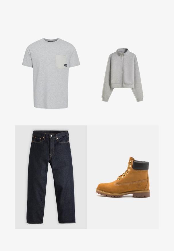 Cropped gray zip-up sweatshirt with a high collar, long sleeves, and ribbed cuffs. Made from soft, lightweight material with a smooth texture.; Black sleeveless vest made of organic cotton, featuring a V-neck, front zip closure, and two side pockets. Minimalistic design.; Grey short-sleeve t-shirt made of soft fabric, featuring a contrasting light grey pocket and a small logo tag near the pocket.; Dark blue denim jeans with a straight cut, five pockets, contrasting orange stitching, and a button fly. No visible patterns or embellishments.; Tan suede ankle boot with black padded collar, gold metal eyelets, white stitching detailing, and rugged rubber sole with pronounced treads.