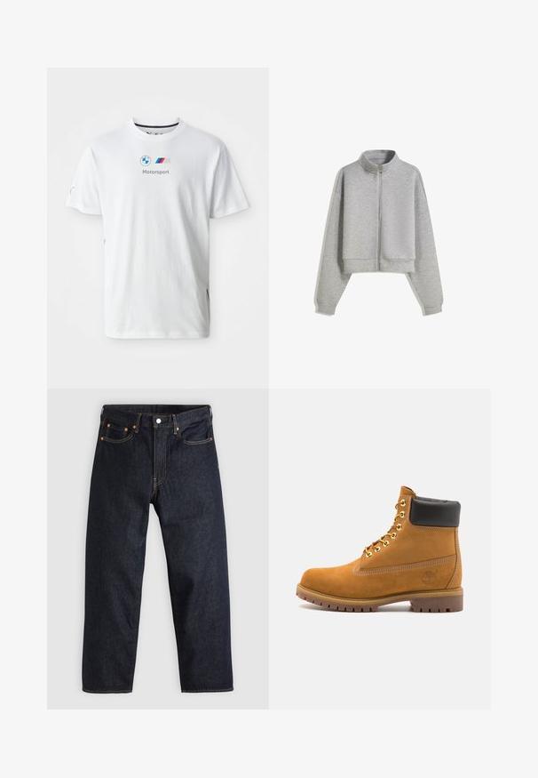 Cropped gray zip-up sweatshirt with a high collar, long sleeves, and ribbed cuffs. Made from soft, lightweight material with a smooth texture.; Black sleeveless vest made of organic cotton, featuring a V-neck, front zip closure, and two side pockets. Minimalistic design.; White cotton t-shirt featuring the BMW logo, "Motorsport" text in gray, and colorful accents on the sides. Short sleeves and crew neck design.; Dark blue denim jeans with a straight cut, five pockets, contrasting orange stitching, and a button fly. No visible patterns or embellishments.; Tan suede ankle boot with black padded collar, gold metal eyelets, white stitching detailing, and rugged rubber sole with pronounced treads.