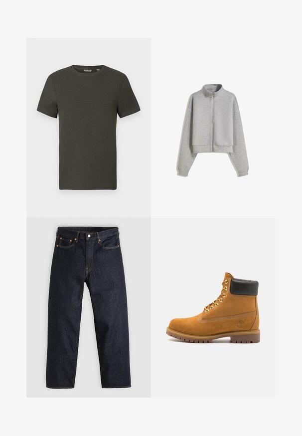 Cropped gray zip-up sweatshirt with a high collar, long sleeves, and ribbed cuffs. Made from soft, lightweight material with a smooth texture.; Black sleeveless vest made of organic cotton, featuring a V-neck, front zip closure, and two side pockets. Minimalistic design.; Dark green short-sleeve t-shirt with a round neckline, made of ribbed material; features a simple, minimalist design without patterns.; Dark blue denim jeans with a straight cut, five pockets, contrasting orange stitching, and a button fly. No visible patterns or embellishments.; Tan suede ankle boot with black padded collar, gold metal eyelets, white stitching detailing, and rugged rubber sole with pronounced treads.