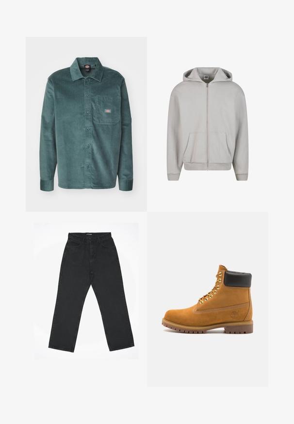 Grå zip-hoodie i mjuk bomullsblandning. Har en huva, framfickor och ribbade ärmslut. Minimalistisk design utan mönster.; Dickies Skjorta - lincoln green; Svarta högmidjade raka jeans med framfickor och knappstängning, liggande platt på en vit bakgrund.; Tan mockasins ankelstövlar med svart vadderad krage, guldmetallöglor, vit sömdekor och slitstöt gummisula med utmärkta mönster.