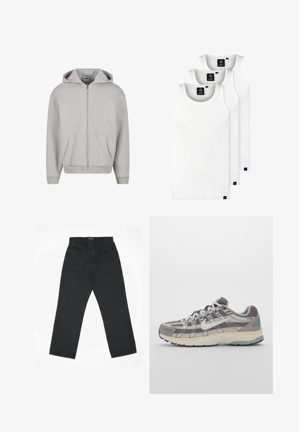 Graue Zip-Hoodie aus einem weichen Baumwoll-Mix. Mit Kapuze, Fronttaschen und gerippten Bündchen. Minimalistisches Design ohne Muster.; Drei weiße, gerippte Tanktops aus Baumwolle. Merkmale einen Rundhalsausschnitt und kleine schwarze Etiketten am Saum. In mehreren Größen erhältlich.; Schwarze High-Waist Gerade-Jeans mit Fronttaschen und Knopfverschluss, flach auf einem weißen Hintergrund ausgelegt.; Grauer Sportschuh mit einem Obermaterial aus Mesh und Wildleder, weißen Akzenten, einer gepolsterten Sohle und einem charakteristischen Design mit reflektierenden Elementen.