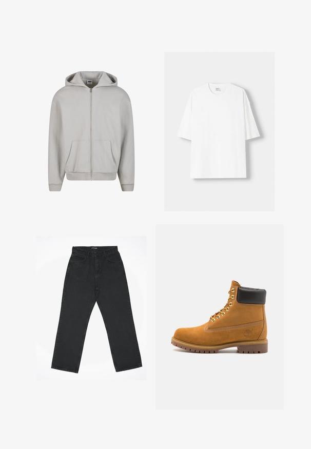 Szara bluza z kapturem na zamek, wykonana z miękkiej mieszanki bawełny. Posiada kaptur, przednie kieszenie i ściągacze na rękawach. Minimalistyczny design bez wzorów.; Biała koszulka z krótkim rękawem wykonana z bawełny, z okrągłym dekoltem i luźnym krojem. Gładka faktura, bez widocznych wzorów lub akcentów.; Czarne dżinsy o wysokim stanie, proste nogawki z przednimi kieszeniami i zapięciem na guzik, ułożone płasko na białym tle.; Beżowe zamszowe botki sięgające kostki z czarną wyściełaną krawędzią, złotymi oczkami, białymi detalami szycia oraz wytrzymałą gumową podeszwą z wyraźnym bieżnikiem.