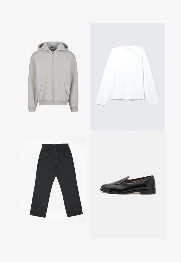 Sivi zip-up kapucar iz mehkega bombažnega razreda. Ima kapuco, sprednje žepe in ribane manšete. Minimalističen dizajn brez vzorcev.; Bela majica z dolgimi rokavi iz mehkega blaga, z okroglim izrezom in ohlapnim krojem. Gladek tekstura brez vzorcev ali poudarkov.; Črne visokotagne naravne hlače z ravnim krojem in sprednjimi žepi, z gumbom za zapiranje, razporejene na beli podlagi.; Črne usnjene loaferje z gladko površino, zaobljenim nosom, nizko peto in stranskimi razpoki za enostavno obuvanje. Imajo subtilen logotip na sprednji strani.