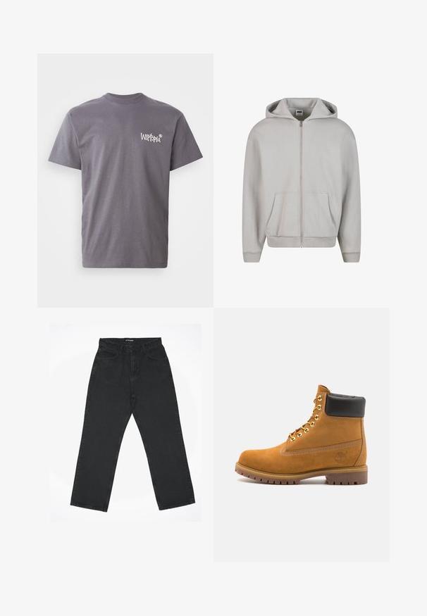 Grijze hoodie met rits, gemaakt van een zachte katoenen mix. Voorzien van een capuchon, voorzakken en ribgebreide manchetten. Minimalistisch ontwerp zonder patronen.; Grijze katoen t-shirt met een ronde hals en korte mouwen, met het witte "Witopia" logo gedrukt op de linkerkant van de borst.; Zwarte high-waist straight-leg jeans met voorzakken en knoopsluiting, plat neergelegd op een witte achtergrond.; Tan suède enkelboot met zwart gevoerd kraagje, gouden metalen oogjes, witte stikdetails en een robuuste rubberen zool met uitgesproken profiel.