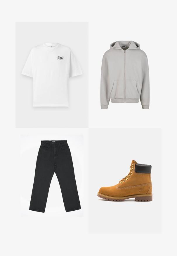 Hall ka tõmblukuga kapuutsiga dressipluus, mis on valmistatud pehmest puuvillasegust. Omab kapuutsi, esip pockets ja soonikkoes mansette. Minimalistlik disain ilma mustriteta.; Valge puuvillane T-särk mugava lõikega, millel on vasakul rinnal väike must mägigraafika ja päikesedisain.; Mustad talje sirged teksad mustas värvis, esikottidega ja nööbi kinnitusega, lamades tasasele valgele taustale.; Küpset tan suede sääreboot musta pehmea kraega, kuldsed metallist silmad, valge õmblemise detailid ja robustne kummist tallaga, millel on väljendunud mustrid.