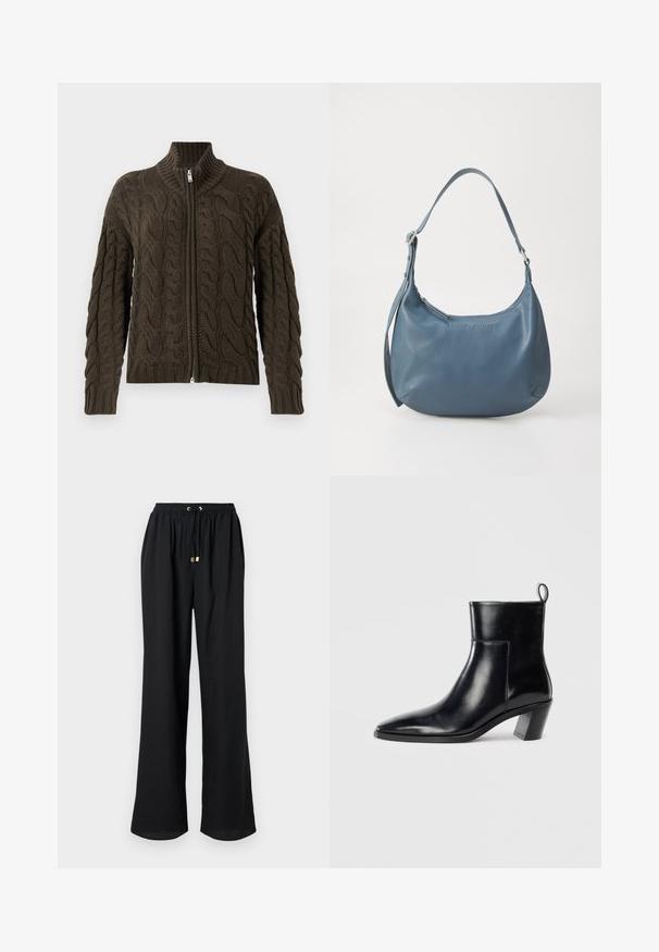 Kabelgebreide zip-up cardigan in donkergroen. Beschikt over een geribde kraag, een gestructureerd patroon en een zilveren rits.; Zwarte mouwloze top met een ronde hals en een sleutelgat achter. Heeft verticale plooien voor textuur. Glad materiaal met een lichte glans.; Zwarte, wijde broek met elastische tailleband, aansnoerkoordsluiting en hardwareaccenten in goudkleur. Glad textuur en geen zichtbare patronen.; Zwarte leren enkelboot met een spitse neus, een geometrische gestapelde hak en een trekband aan de achterkant. Gladde textuur en slank ontwerp.; Blauwe leren handtas met een ronde vorm, enkele schouderriem, ritssluiting en geïmpregneerde merknaam aan de voorkant. Gladde textuur.