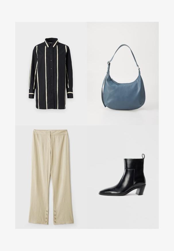 Tumši olīvu zaļš adīts apģērbs ar rāvējslēdzēju. Iezīmēts ar ribotu apkakli, teksturētu rakstu un sudraba rāvējslēdzēju.; Melnā garo piedurkņu krekls ar vertikālām bēša svītrām, pogājama priekšpuse, klasiskā apkakle un kontrastējošas piegrieztes un apkakles malas.; Bēšas platās bikses ar teksturētu audumu. Iezīmē platu jostasvietu un piecus pogas apakšā aizdarei. Ar krokām.; Melnas ādas potītes zābaki ar norādītu purngalu, ģeometrisku stieptu papēdi un cilpu aizmugurē. Gluda tekstūra un elegants dizains.; Zila ādas rokassoma ar noapaļotu formu, vienu plecu siksnu, ar rāvējslēdzēju aizdari un iegravētu zīmola nosaukumu priekšpusē. Gluda tekstūra.