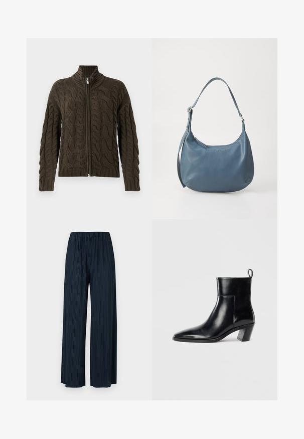 Pulover s kabelskim pletenjem in zadrgo v temno olivno zeleni barvi. Ima rebrast ovratnik, teksturiran vzorec in srebrno zadrgo.; Bela bombažna majica s kratkimi rokavi, okroglo izrezana in ohlapnega kroja. Gladka tekstura, brez vzorcev ali dodatkov, minimalističen dizajn.; Mornarsko modri široki hlače s pregibom in elastičnim pasom. Imajo vertikalne stripe in mehak tekstil za udobje. Brez žepov.; Črne usnjene gležnjarje s koničastim prstom, geometrijsko oblikovanim zloženim peto in zanko na hrbtni strani. Gladka tekstura in eleganten dizajn.; Modra usnjena torbica z zaobljeno obliko, enim naramnim ročajem, zadrgo in vtisnjenim imenom blagovne znamke na sprednji strani. Gladka tekstura.