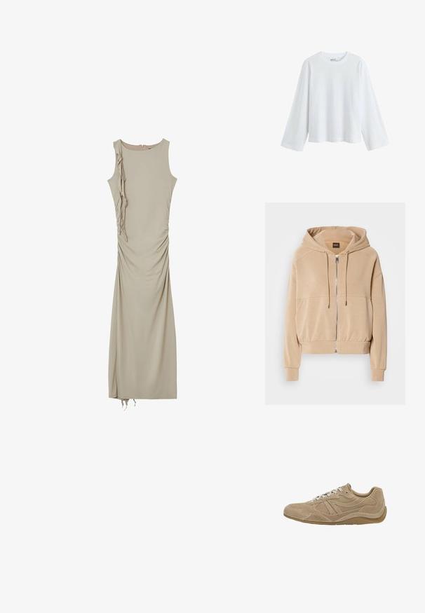 Hoodie beige avec zip sur le devant, cordons de serrage ajustables, poignets côtelés et coupe décontractée. Fabriqué en tissu léger et doux.; Robe sans manches beige, longueur genoux, avec des fronces sur les côtés et un détail de volants décoratif sur le côté gauche. Tissu lisse et léger.; T-shirt blanc à manches longues en coton doux, avec un col rond et un design à épaule tombante, offrant une coupe décontractée et sans motifs visibles.; Baskets en suède beige avec un profil bas, une surface texturée et des lacets blancs. Présente un design courbé et une semelle en caoutchouc pour une meilleure adhérence.; Sac à main en cuir tan avec des poignées doubles et une bandoulière amovible. Il présente un fermoir doré et une surface texturée.