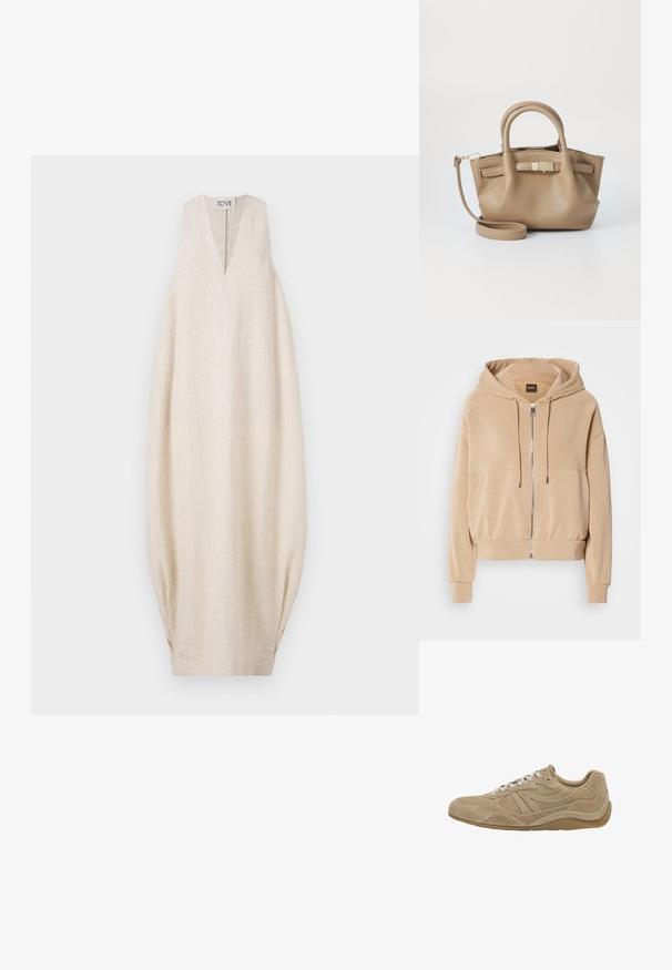 Beige kapucnis pulóver, elől cipzárral, állítható húzózsinórral, bordázott mandzsettákkal és laza szabással. Puha, könnyű anyagból készült.; Világos bézs ujjatlan ruha V nyakkivágással, texturált anyagból, oversized fazonban, oldalt redőzött részletekkel. Márkacímke a tetején.; Beige suéd sneaker, alacsony profillal, texturált felszínnel és fehér cipőfűzőkkel. Ívelt dizájnnal és gumi talppal a jó tapadás érdekében.; Barna bőr kézi táska dupla fogantyúval és levehető vállpánttal. Aranyszínű zárja és texturált felülete van.