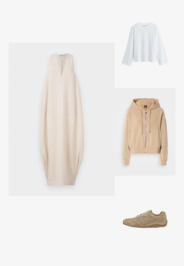 Bež dukserica s patentnim zatvaračem sprijeda, podesivim vezicama, rebrastim manžetama i opuštenim krojem. Izrađena od mekog, laganog materijala.; Svijetlosmeđa haljina bez rukava s V-izrezom, teksturirana tkanina i oversized kroj, s naboranim detaljima sa strane. Oznaka marke na vrhu.; Bijela majica dugih rukava od mekanog pamuka, s okruglim izrezom i dizajnom s spuštenim ramenima, opuštenog kroja i bez vidljivih uzoraka.; Bežanke od suède s niskim profilom, teksturiranom površinom i bijelim vezicama. Ima zakrivljen dizajn i gumeni đon za bolje prianjanje.; Smeđi kožni rukavac s dvostrukim ručkama i odvojivom remenom za rame. Ima zlatni zatvarač i teksturiranu površinu.