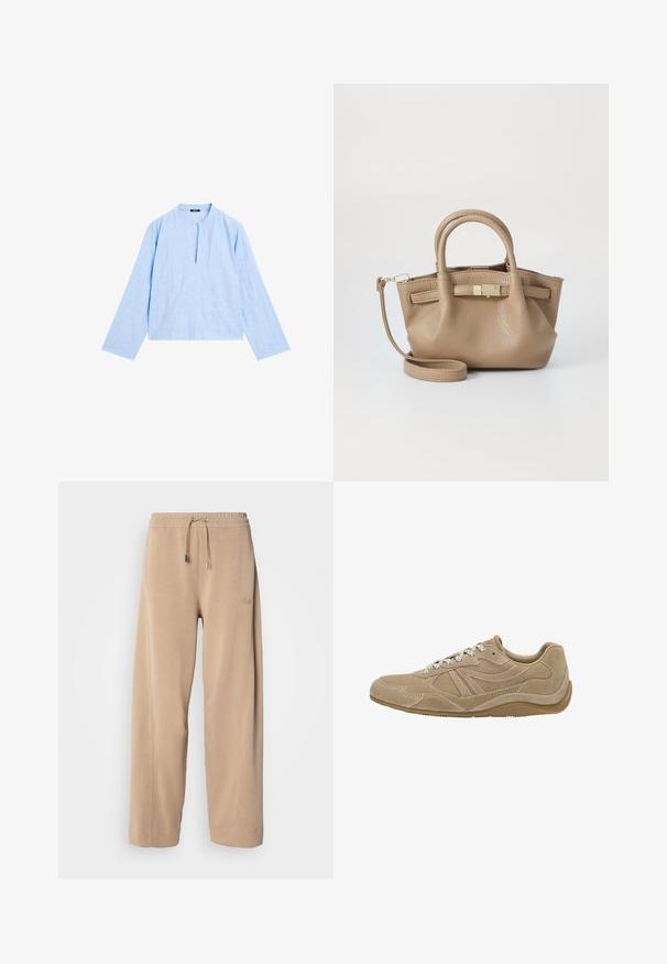 Felpa beige con zip frontale, cordini regolabili, polsini a coste e vestibilità comoda. Realizzata in morbido tessuto leggero.; Blusa azzurra a maniche lunghe con scollatura rotonda e uno spacco frontale. Realizzata in tessuto texture, presenta una vestibilità ampia e cropped.; Pantaloni beige a gamba larga realizzati in tessuto morbido, con elastico in vita e cordoncino. Presentano un logo discreto sul lato e tasche laterali.; Sneaker in suede beige con profilo basso, superficie texturizzata e lacci bianchi. Presenta un design curvo e una suola in gomma per una migliore aderenza.; Borsa a mano in pelle color tan con doppie maniglie e tracolla staccabile. Presenta un chiusura in tono oro e una superficie testurizzata.
