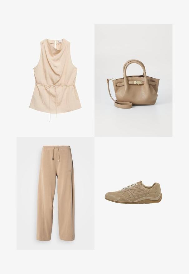 Béžová mikina s kapucí má zipový přední díl, nastavitelné šňůrky, žebrované manžety a volný střih. Vyrobena z měkké, lehké látky.; Bezrukávý béžový top s volným lněným výstřihem, měkkou texturou, nařaseným pasem s tkaničkou a uzavřením na klíčovou dírku na zádech.; Béžové kalhoty s širokými nohavicemi vyrobené z měkké tkaniny s elastickým pasem a šňůrkou. Obsahují decentní branding na boku a boční kapsy.; Béžové semišové tenisky s nízkým profilem, texturovaným povrchem a bílými tkaničkami. Mají zakřivený design a gumovou podrážku pro lepší přilnavost.; Hnědá kožená kabelka s dvojitými uchy a odnímatelným ramenním pásem. Má zlatý uzávěr a texturovaný povrch.