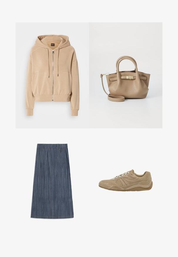 Hoodie beige avec zip sur le devant, cordons de serrage ajustables, poignets côtelés et coupe décontractée. Fabriqué en tissu léger et doux.; T-shirt blanc à manches longues en coton doux, avec un col rond et un design à épaule tombante, offrant une coupe décontractée et sans motifs visibles.; Jupe en denim avec des rayures verticales, dotée d'une taille élastique et de deux poches avant. La couleur est bleu foncé avec des accents de couture jaune.; Baskets en suède beige avec un profil bas, une surface texturée et des lacets blancs. Présente un design courbé et une semelle en caoutchouc pour une meilleure adhérence.; Sac à main en cuir tan avec des poignées doubles et une bandoulière amovible. Il présente un fermoir doré et une surface texturée.