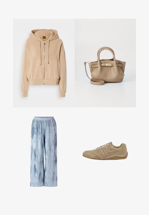 Hanorac bej cu fermoar în față, șnururi ajustabile, manșete ribbate și o croială lejeră. Fabricat dintr-un material moale și ușor.; Tricou alb cu mânecă lungă, fabricat din bumbac moale, având un guler rotund și un design cu umeri căzuți, cu o croială lejeră și fără modele vizibile.; Pantaloni largi de culoare albastru deschis, cu un design texturat și pliat, având nuanțe variate de albastru și o talie elastică pentru un confort sporit.; Adidași bej din suede cu profil scăzut, suprafață texturată și șireturi albe. Prezintă un design curbat și o talpă din cauciuc pentru aderență.; Geanta de piele maro deschis cu mânere duble și curea de umăr detașabilă. Prezintă un închizător de aur și o suprafață texturată.