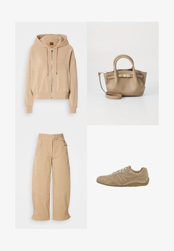 Beige Kapuzenpullover mit zippered Front, verstellbaren Kordeln, gerippten Bündchen und einer lockeren Passform. Hergestellt aus weichem, leichtem Material.; Weißes Langarm-T-Shirt aus weicher Baumwolle, mit rundem Ausschnitt und Raglanärmeln, lockerer Passform und ohne sichtbare Muster.; Beige Weite-Hosen aus strapazierfähigem Stoff, mit zwei Fronttaschen, einem taillierten Bund und umgeschlagenen Bündchen mit gesteppten Akzenten.; Beige Wildledersneaker mit niedrigem Profil, strukturierten Oberflächen und weißen Schnürsenkeln. Verfügt über ein geschwungenes Design und eine Gummisohle für guten Halt.; Taschen aus braunem Leder mit doppelten Griffen und einem abnehmbaren Schultergurt. Verfügt über einen goldfarbenen Verschluss und eine strukturierte Oberfläche.