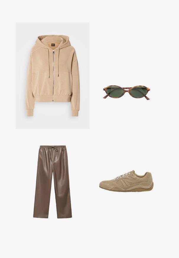 Beige hoodie med lynlås foran, justerbare snore, ribbede manchetter og en afslappet pasform. Fremstillet af blødt, letvægtsstof.; Hvid langærmet t-shirt lavet af blød bomuld, med rund halsudskæring og drop-shoulder design, med en afslappet pasform og uden synlige mønstre.; Brune faux læder bukser med brede ben, der har en elastisk talje og en snøre, samt en glat tekstur hele vejen igennem.; Beige ruskinds sneaker med lav profil, tekstureret overflade og hvide snørebånd. Har et buet design og en gummisål for godt greb.; Brune skildpadde-soluvar med ovale linser og mørkegrønne nuancer. Har tynde, lige stænger og subtil branding på stellet.; Tan lædertaske med dobbelte håndtag og en aftagelig skulderrem. Har en guld-tone lås og tekstureret overflade.