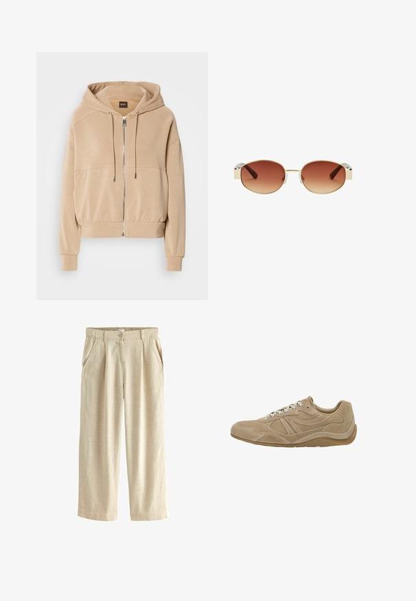 Beige Kapuzenpullover mit zippered Front, verstellbaren Kordeln, gerippten Bündchen und einer lockeren Passform. Hergestellt aus weichem, leichtem Material.; Weißes Langarm-T-Shirt aus weicher Baumwolle, mit rundem Ausschnitt und Raglanärmeln, lockerer Passform und ohne sichtbare Muster.; Next BLEND WIDE LEG - Stoffhose - natural; Beige Wildledersneaker mit niedrigem Profil, strukturierten Oberflächen und weißen Schnürsenkeln. Verfügt über ein geschwungenes Design und eine Gummisohle für guten Halt.; Runde Sonnenbrillen mit einem goldenen Metallrahmen, braunen Verlaufsgläsern, klaren Kunststoffakzenten an den Seiten und braun gemusterten Bügeln.; Taschen aus braunem Leder mit doppelten Griffen und einem abnehmbaren Schultergurt. Verfügt über einen goldfarbenen Verschluss und eine strukturierte Oberfläche.