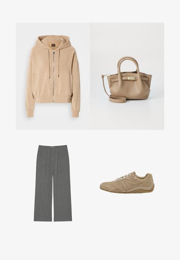 Beige Kapuzenpullover mit zippered Front, verstellbaren Kordeln, gerippten Bündchen und einer lockeren Passform. Hergestellt aus weichem, leichtem Material.; Weißes Langarm-T-Shirt aus weicher Baumwolle, mit rundem Ausschnitt und Raglanärmeln, lockerer Passform und ohne sichtbare Muster.; Graue, weit geschnittene Hosen aus strukturiertem Stoff, mit vertikalen Streifen, einem Reißverschluss und einer lockeren Passform.; Beige Wildledersneaker mit niedrigem Profil, strukturierten Oberflächen und weißen Schnürsenkeln. Verfügt über ein geschwungenes Design und eine Gummisohle für guten Halt.; Taschen aus braunem Leder mit doppelten Griffen und einem abnehmbaren Schultergurt. Verfügt über einen goldfarbenen Verschluss und eine strukturierte Oberfläche.