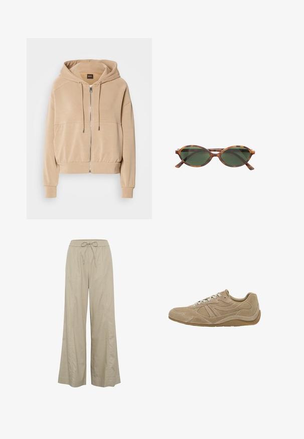 Beige kapucnis pulóver, elől cipzárral, állítható húzózsinórral, bordázott mandzsettákkal és laza szabással. Puha, könnyű anyagból készült.; Fehér, hosszú ujjú póló, puha pamutból készült, kerek nyakkivágással és eső vállú kialakítással, laza szabású, látható minták nélkül.; Beige, bő szárú nadrág, könnyű anyagból készült, húzózsinórral ellátott, elasztikus derékbandájú és oldalsó zsebekkel. Simább textúra, minimalista dizájn.; Beige suéd sneaker, alacsony profillal, texturált felszínnel és fehér cipőfűzőkkel. Ívelt dizájnnal és gumi talppal a jó tapadás érdekében.; Barna teknősbékás napszemüveg ovális lencsékkel és sötétzöld tónussal. Vékony, egyenesen futó szárakkal és diszkrét márkajelzéssel a kereten.; Barna bőr kézi táska dupla fogantyúval és levehető vállpánttal. Aranyszínű zárja és texturált felülete van.