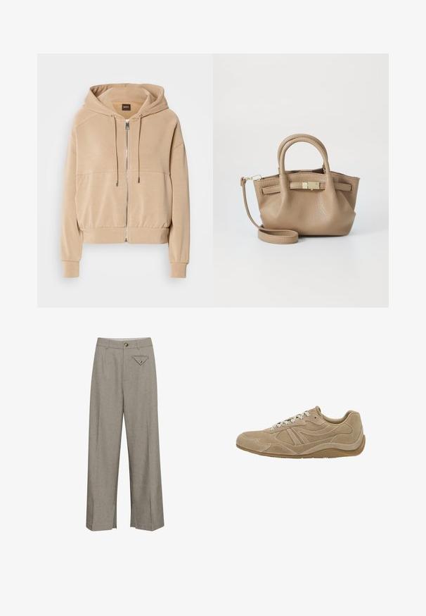 Beige Kapuzenpullover mit zippered Front, verstellbaren Kordeln, gerippten Bündchen und einer lockeren Passform. Hergestellt aus weichem, leichtem Material.; Weißes Langarm-T-Shirt aus weicher Baumwolle, mit rundem Ausschnitt und Raglanärmeln, lockerer Passform und ohne sichtbare Muster.; Weite Hose aus hellgrauem Stoff mit einem vorderen Knopfverschluss, zwei seitlichen Taschen und einer dekorativen, diamantförmigen Gesäßtasche.; Beige Wildledersneaker mit niedrigem Profil, strukturierten Oberflächen und weißen Schnürsenkeln. Verfügt über ein geschwungenes Design und eine Gummisohle für guten Halt.; Taschen aus braunem Leder mit doppelten Griffen und einem abnehmbaren Schultergurt. Verfügt über einen goldfarbenen Verschluss und eine strukturierte Oberfläche.
