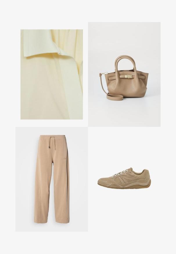 Felpa beige con zip frontale, cordini regolabili, polsini a coste e vestibilità comoda. Realizzata in morbido tessuto leggero.; Tessuto giallo chiaro con una superficie texture, caratterizzato da una fascia liscia e leggermente in rilievo lungo il bordo. Nessun motivo o accento distintivo.; Pantaloni beige a gamba larga realizzati in tessuto morbido, con elastico in vita e cordoncino. Presentano un logo discreto sul lato e tasche laterali.; Sneaker in suede beige con profilo basso, superficie texturizzata e lacci bianchi. Presenta un design curvo e una suola in gomma per una migliore aderenza.; Borsa a mano in pelle color tan con doppie maniglie e tracolla staccabile. Presenta un chiusura in tono oro e una superficie testurizzata.