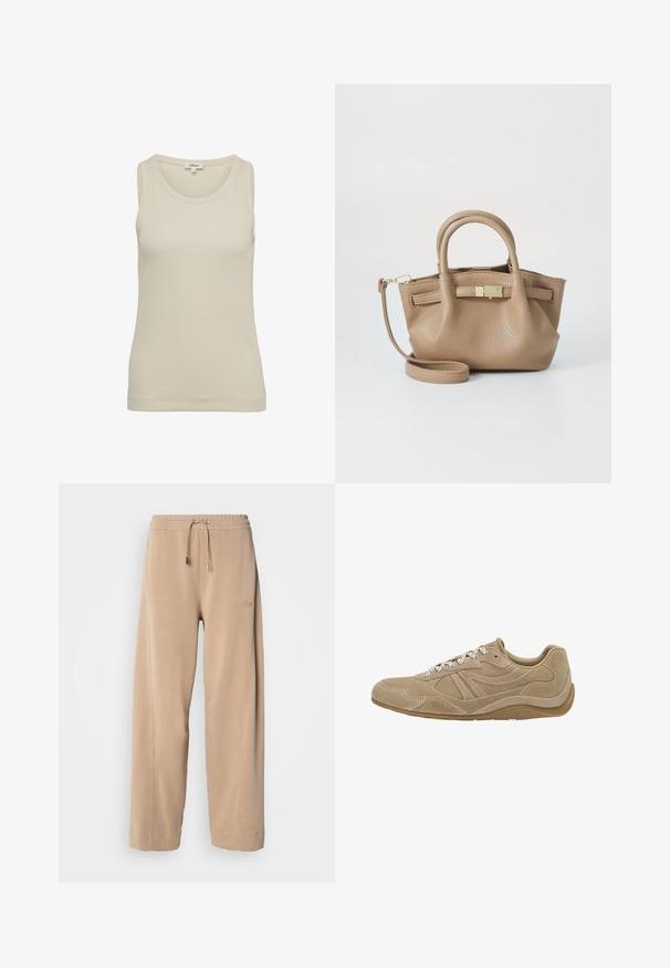 Beige hoodie met een rits aan de voorkant, verstelbare drawstrings, ribgebreide manchetten en een relaxte pasvorm. Gemaakt van een zachte, lichte stof.; Lichtbeige tanktop met een ronde halslijn en brede schouderbanden. Gemaakt van ribstof, het heeft een eenvoudig, naadloos ontwerp.; Beige, wijde broek van zachte stof met een elastische tailleband en trekkoord. Kenmerkt subtiele branding aan de zijkant en zijzakken.; Beige suède sneaker met een laag profiel, gestructureerd oppervlak en witte veters. Heeft een gebogen ontwerp en een rubberen zool voor grip.; Tan leren handtas met dubbele handvatten en een afneembare schouderriem. Beschikt over een goudkleurige sluiting en een gestructureerd oppervlak.