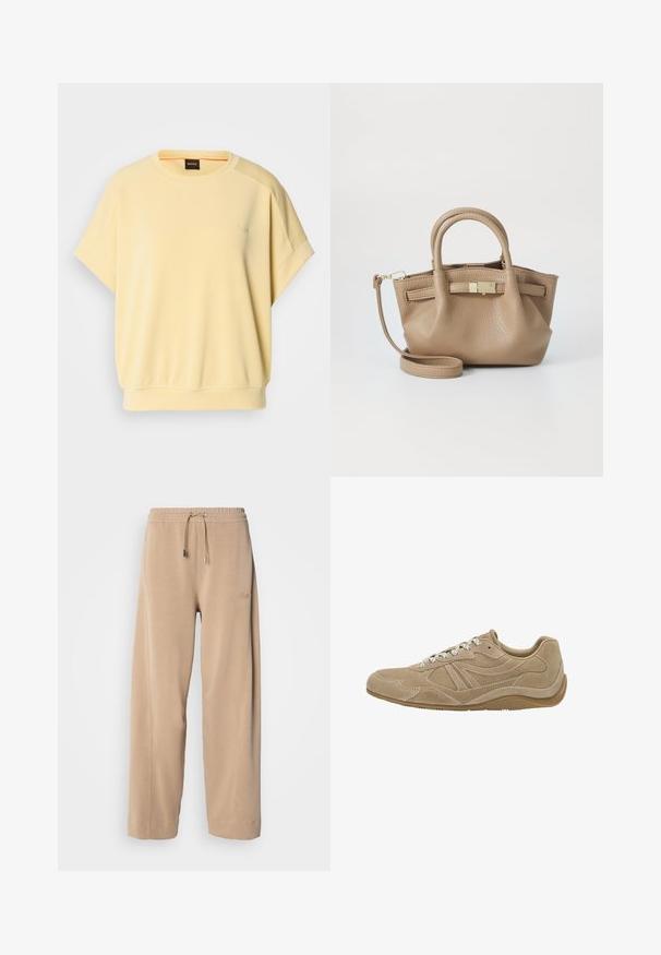 Bež dukserica s patentnim zatvaračem sprijeda, podesivim vezicama, rebrastim manžetama i opuštenim krojem. Izrađena od mekog, laganog materijala.; Žuti kratki rukav dukserica s okruglim izrezom, opuštenog kroja i rebrastim rubom. Sadrži diskretni vez na prsima. Mekana tkanina.; Bež hlače širokog kroja izrađene od mekanog materijala s elastičnim pojasom i špagu. Ima diskretni logo sa strane i bočne dzepove.; Bežanke od suède s niskim profilom, teksturiranom površinom i bijelim vezicama. Ima zakrivljen dizajn i gumeni đon za bolje prianjanje.; Smeđi kožni rukavac s dvostrukim ručkama i odvojivom remenom za rame. Ima zlatni zatvarač i teksturiranu površinu.