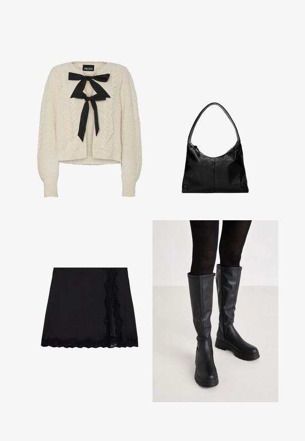 Pulover crem din tricot cu model cable-knit, cu o fundă neagră la guler, mâneci lungi și manșete și tiv cu riburi. Textură moale, croială lejeră.; Cămașă albă cu mâneci lungi, având guler, deschidere cu nasturi în față și manșete. Realizată dintr-un material neted, cu un design ajustat și fără modele vizibile.; Even&Odd Fustă mini - black; Even&Odd Cizme cu platformă - black; Geantă de umăr din piele neagră cu o textură netedă, un vârf curbat și o singură curea. Dispune de un sistem de închidere prin fermoar și un design minimalist.