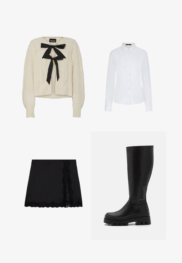 Pull en maille torsadée crème avec un nœud en satin noir au niveau du col, manches longues et finitions côtelées aux poignets et à l'ourlet. Texture douce, coupe décontractée.; Chemise blanche à manches longues avec un col, fermeture à boutons sur le devant et poignets. Fabriquée en tissu lisse, avec un design ajusté et sans motifs visibles.; Even&Odd Minijupe - black; Even&Odd Bottes à plateau - black