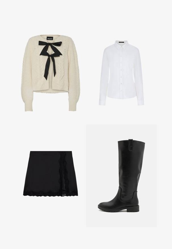 Kreminė kabelinė megzta palaidinė su juodu kaspinu prie kaklo, ilgomis rankovėmis ir raukiniais ant rankogalių bei apatinio krašto. Minkšta tekstūra, laisvas fasonas.; Balta ilgomis rankovėmis marškiniai su apykakle, priekyje užsegami mygtukais ir su rankogaliais. Pagaminti iš glotnaus audinio, su prigludusiu kirpimu ir be matomų raštų.; Even&Odd Mini sijonas - black; Juodos iki kelių siekiančios bato, pagamintos iš lygaus odos, su plačiu vamzdžiu, elastingais šonų intarpais ir struktūrizuota guminėmis padangomis, užtikrinančiomis sukibimą.