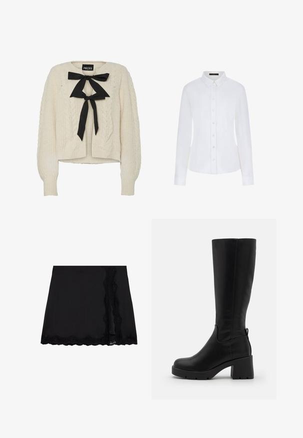 Kreemivärvi nööridega kaelusega soonikpestud kampsun, millel on pikad varrukad ja soonikpitsid ning -servad. Pehme tekstuur, mugav lõige.; Valkoinen pitkähihaista paitaa, jossa on kaulus, napitettava etuosa ja hihansuut. Valmistettu sileästä kankaasta, jossa on istuva muotoilu ja ei näkyviä kuvioita.; Even&Odd Minihame - black; Even&Odd Platform-saappaat - black