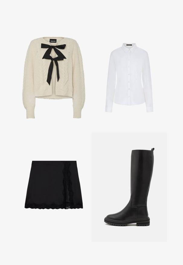 Creme kabelstrikket sweater med sort båndsløjfe ved halsen, lange ærmer samt ribstrikkede manchetter og kant. Blød tekstur, afslappet pasform.; Hvid langærmet skjorte med krave, knaplukning foran og manchetter. Fremstillet af glat stof med en tætsiddende pasform og uden synlige mønstre.; Even&Odd Mini skirts - black; Støvler i sort læder til knæene med en glat overflade, rund tå, lav gummisål og minimal syning.