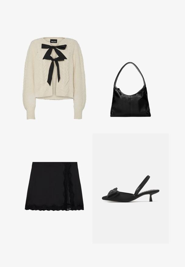 Maglione crema lavorato a trecce con nastro nero annodato al collo, maniche lunghe e polsini e orlo a coste. Morbido al tatto, vestibilità casual.; Camicia bianca a maniche lunghe con colletto, chiusura con bottoni e polsini. Realizzata in tessuto morbido con un design aderente e senza motivi visibili.; Even&Odd Minigonna - black; ONLY SHOES ONLCOCO BOW SLINGBACK - Decolleté - black; Borsa a spalla in pelle nera con una texture liscia, una parte superiore curva e una sola tracolla. Presenta una chiusura con zip e un design minimalista.