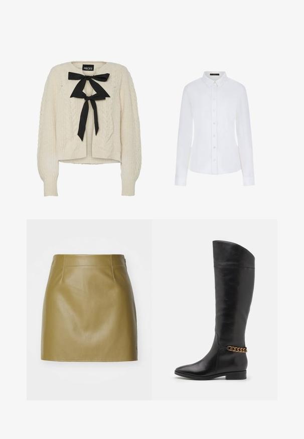 Pulover crem din tricot cu model cable-knit, cu o fundă neagră la guler, mâneci lungi și manșete și tiv cu riburi. Textură moale, croială lejeră.; Cămașă albă cu mâneci lungi, având guler, deschidere cu nasturi în față și manșete. Realizată dintr-un material neted, cu un design ajustat și fără modele vizibile.; Fustă mini din piele verde măslinie cu o textură netedă, având două cusături frontale și o croială dreaptă, terminată cu detalii de cusătură minimaliste.; Cizme negre din piele înalte, cu un design elegant, vârf ascuțit și un accent de lanț auriu la gleznă. Toc mic în formă de bloc. Textură netedă.
