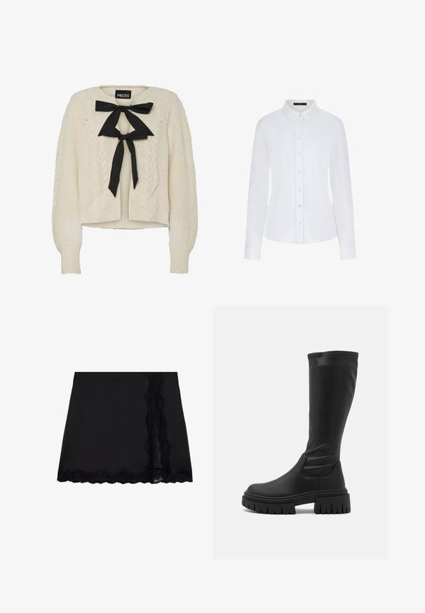 Kreemkrāsa cimdiņu adījuma džemperis ar melnu lentu saitē pie apkakles, garām piedurknēm un ribotām aprocēm un apakšmalu. Mīksta tekstūra, brīva piegriezuma.; Baltas garām piedurknēm krekls ar apkakli, pogām priekšpusē un aprocēm. Izgatavots no gludas auduma ar pieguļošu dizainu un bez redzamām rakstainām. ; Even&Odd Minisvārki - black; Even&Odd Zābaki ar platformu - black