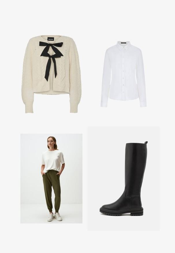 Crème kabelgebreide trui met zwarte lintstrik bij de halslijn, lange mouwen en geribbelde manchetten en onderkant. Zachte textuur, casual pasvorm.; Witte lange mouwen shirt met een kraag, knoopsluiting aan de voorkant en manchetten. Gemaakt van soepel materiaal met een getailleerd ontwerp en zonder zichtbare patronen.; Witte t-shirt met korte mouwen in combinatie met olijfgroene joggers met een trekkoord in de taille en elastische manchetten. Gemaakt met witte sneakers.; Kniehoge zwarte leren laarzen met een gladde afwerking, ronde neus, lage rubberen zool en minimale stikseldetails.