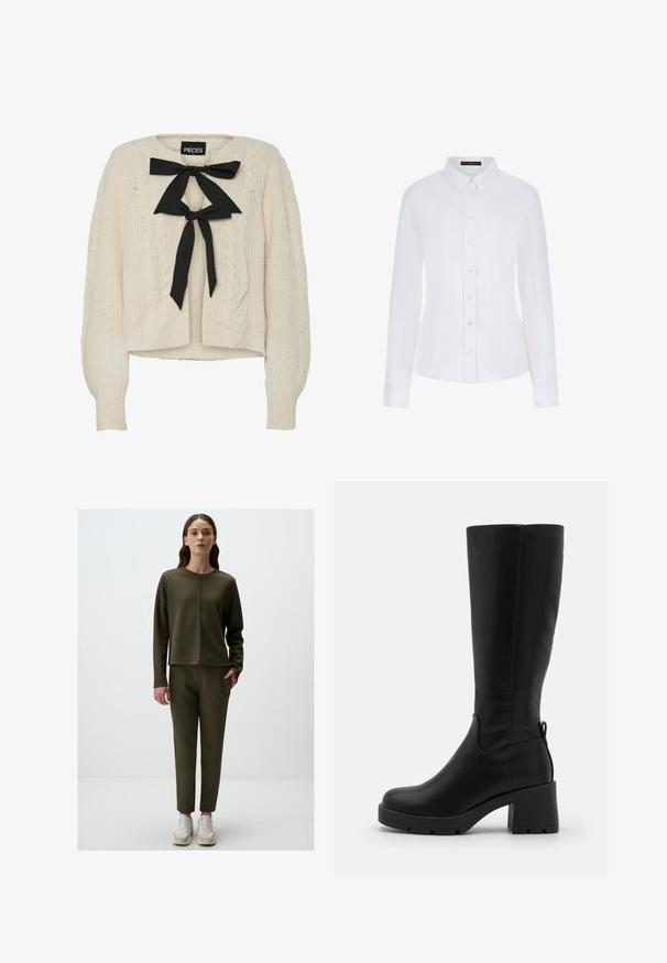 Cremfarbener Kabelstrickpullover mit schwarzem Band an den Ausschnitten, langen Ärmeln sowie gerippten Bündchen und Saum. Weiche Textur, lässiger Schnitt.; Weißes Langarmhemd mit Kragen, Knopfleiste und Manschetten. Hergestellt aus glattem Stoff mit einer taillierten Passform und ohne sichtbare Muster.; Olivgrüner Pullover mit langen Ärmeln und einer Naht vorne, kombiniert mit passenden, schmal geschnittenen Hosen. Beides aus glattem, elastischem Stoff; Sneakers inklusive.; Even&Odd Plateaustiefel - black