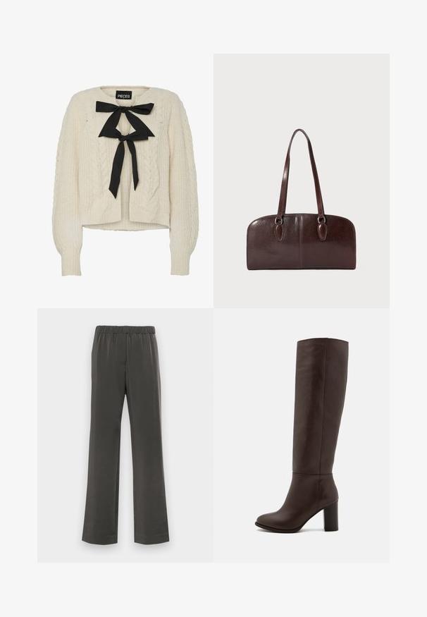 Kremowy sweter w splot warkoczowy z czarną kokardą przy dekolcie, długie rękawy oraz ściągacze przy mankietach i dolnym wykończeniu. Miękka tekstura, luźny krój.; Biała koszula z długim rękawem z kołnierzykiem, zapięciem na guziki z przodu i mankietami. Wykonana z gładkiego materiału, dopasowana, bez widocznych wzorów.; Ciemnoszare, szerokie spodnie z elastycznym pasem, wykonane z gładkiego materiału. Bez kieszeni; cechuje je prosty, nieozdobiony design.; Brązowy skórzany boot na wysokości kolan z grubym obcasem, gładką fakturą, zaokrąglonym noskiem i minimalnymi detalami w szwie.; Brązowa skórzana torebka z dwoma długimi uchwytami, o strukturalnym prostokątnym kształcie, gładkiej fakturze i zaokrąglonych krawędziach. Posiada akcentowane detale przy uchwytach.