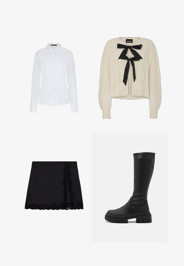 Krémový sveter s pleteným vzorom a čiernou stuhou na výstrihu, dlhé rukávy a rebrované manžety a spodný lem. Mäkká textúra, voľný strih.; Biela košeľa s dlhými rukávmi, ktorá má golier, zapínanie na knoflíky a manžety. Vyrobená z hladkej látky s priliehavým strihom a bez viditeľných vzorov.; Even&Odd Minisukňa - black; Even&Odd Čižmy na platforme - black