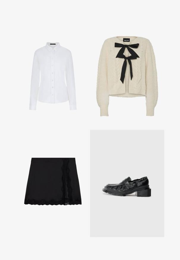 Pulover crem din tricot cu model cable-knit, cu o fundă neagră la guler, mâneci lungi și manșete și tiv cu riburi. Textură moale, croială lejeră.; Cămașă albă cu mâneci lungi, având guler, deschidere cu nasturi în față și manșete. Realizată dintr-un material neted, cu un design ajustat și fără modele vizibile.; Even&Odd Fustă mini - black; Mocasini negri din piele cu talpă structurată, având un toc bloc ușor ridicat și uniorizont superior texturat, asigurate de o curea frontală.