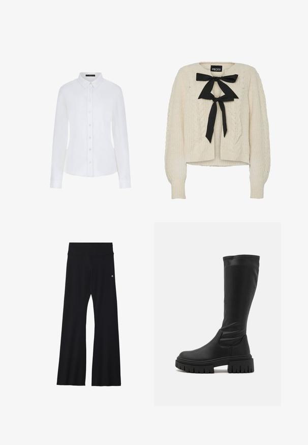 Kremna pulover z pletenico in črno mašno zavezo okoli vratu, dolgi rokavi ter rebrastimi manšetami in robom. Mehka tekstura, sproščen kroj.; Bela srajca z dolgimi rokavi z ovratnikom, sprednjim gumbom in manšetami. Narejena iz gladkega blaga s prilegajočo zasnovo in brez vidnih vzorcev.; Črne široke hlače iz raztegljivega materiala z širokim pasom in majhno logotipom na boku. Gladek tekstura in dolžina do tal.; Even&Odd Škornji s platformo - black