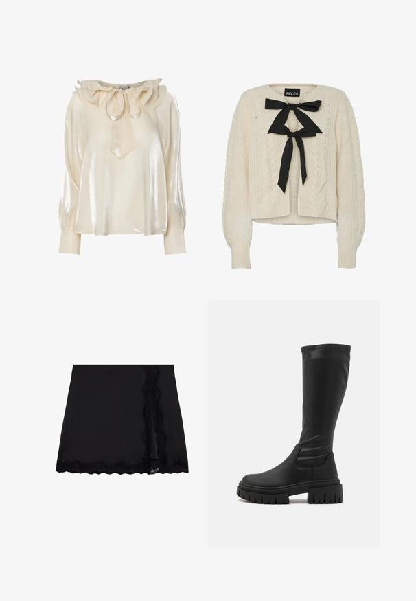 Cream cable-knit sweater with black ribbon tie at neckline, long sleeves, and ribbed cuffs and hem. Soft texture, casual fit.; Light cream blouse with a satin sheen, ruffled neckline, bow tie detail, and long, fitted sleeves with gathered cuffs.; Even&Odd Mini skirt - black; Even&Odd Platform boots - black