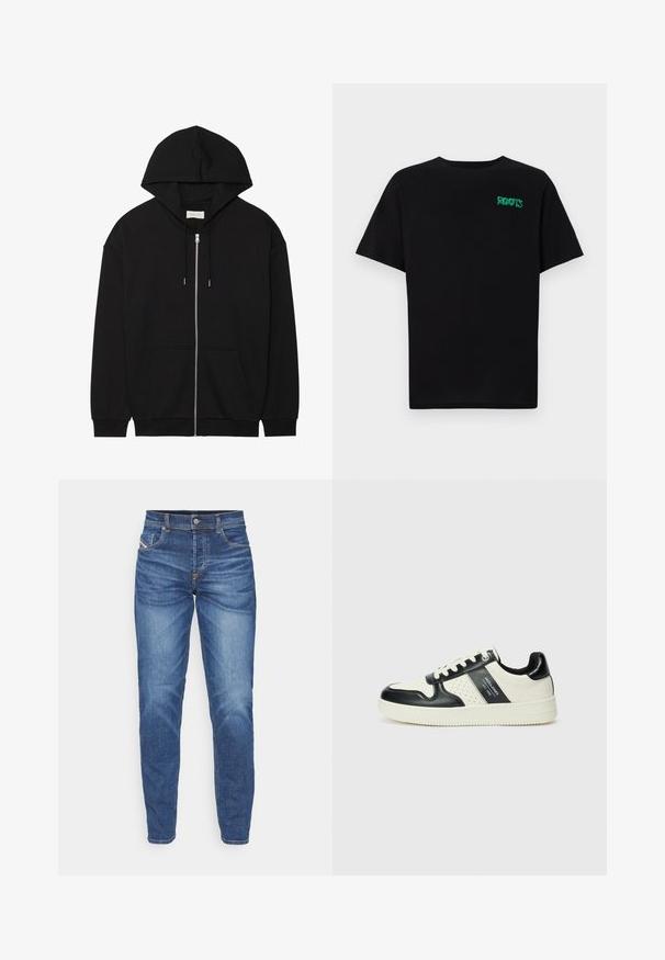 Černá mikina na zip vyrobená z měkké bavlněné tkaniny. Obsahuje kapuci na šňůrku, přední kapsy a žebrované manžety. Jednoduchý, jednobarevný design.; Černé tričko vyrobené z bavlny s krátkým rukávem. Na přední straně se nachází zelené logo "ROOTS", kulatý výstřih a standardní střih.; Světle modré džíny se slim fit, pěti kapsami, jemnými zvrásněními na stehnech a kontrastním oranžovým prošíváním.; Kožené tenisky s černobílou barevnou kombinací, které mají perforované detaily, polstrovaný límec a texturovanou podrážku.