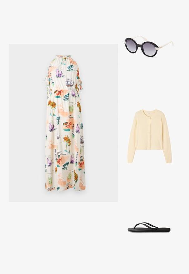 Vaaleanbeige lyhyt neuletakki, joka on valmistettu pehmeästä neuleesta. Siinä on pyöreä kaula-aukko, napitus ja resorit hihoissa sekä helmassa.; Maxi-mekko kevyestä kankaasta, jossa on värikäs meriteema printti, joka esittää laivoja, majakoita ja palmuja. Kaula-aukko, jossa on nyörit.; Mustat flip-flopit, joissa on röpelöinen kumipohja, kaksi hoikkaa remmiä ja hillitty, kohokuvioitu logotyyli remmissä.; Musta muovinen auringonpaisteen ikkunat, joissa on harmaasävyiset linssit, ylisuurikokoiset pyöreät muodot, valkoiset templeet ja lievä aaltoilu ylhäällä.