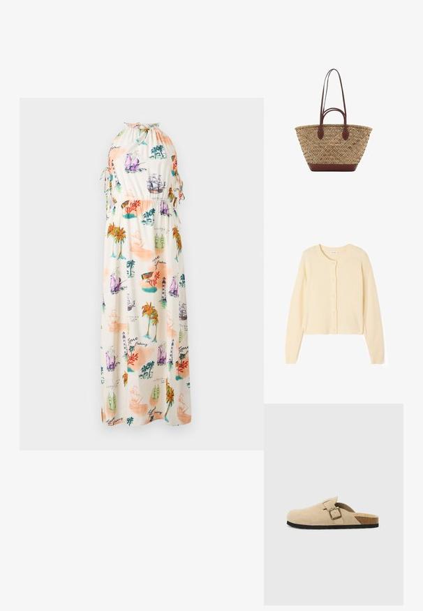 Cardigan cropped color beige chiaro realizzato in morbido tessuto knit, caratterizzato da un colletto rotondo, chiusura a bottoni e polsini e orlo a costine.; Abito lungo in tessuto leggero con una stampa marittima colorata raffigurante navi, fari e palme. Scollo all'americana con lacci regolabili.; Zoccoli beige in suede con piede in sughero, punta rotonda e una semplice fascia con una fibbia dorata. Suola in gomma per una buona aderenza.; Borsa tote in paglia intrecciata con texture a treccia, manici e base in pelle marrone scuro, forma circolare larga e design con apertura superiore.