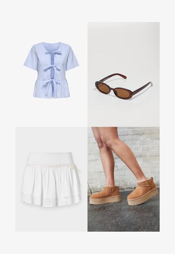Hellbeige, kurzer Cardigan aus weichem Strickstoff, mit Rundhalsausschnitt, Knopfverschluss sowie gerippten Bündchen und Saum.; Gestreifte Kurzarmbluse in Hellblau und Weiß, mit einem Rundhalsausschnitt, gebundenem Vorderverschluss und einem Peplumsaum. Aus weichem Baumwollstoff.; Weißer Stufenrock mit elastischem Bund, der mit einem strukturierten Rüschenmuster und einem dekorativen Bandakzent versehen ist. Baumwollstoff.; Braune Wildleder-Stiefeletten mit einem weichen Futter, dicker beige Plateau-Sohle und einer Zuglasche auf der Rückseite. Strukturiert Oberfläche mit sichtbaren Nähdetails.; Runde, braun getönte Sonnenbrillen mit einem glänzenden burgunderfarbenen Rahmen. Schlanke Bügel mit dezentem Branding. Flaches Linsendesign.