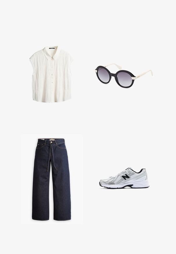 Cardigan cropped color beige chiaro realizzato in morbido tessuto knit, caratterizzato da un colletto rotondo, chiusura a bottoni e polsini e orlo a costine.; Blusa bianca a maniche corte con colletto, caratterizzata da un motivo a pieghe texturizzato e chiusura frontale con bottoni.; Jeans in denim scuro a gamba larga con vita alta, dotati di un laccio, cinque tasche e dettagli di cucitura a contrasto.; Scarpa sportiva argentata con materiale in rete, accenti neri, design perforato e una suola bianca imbottita. Presenta un logo 'N' prominente.; Occhiali da sole neri in plastica con lenti grigio sfumate, forma rotonda over size, aste bianche e un leggero dettaglio ondulato nella parte superiore.; Maglietta bianca Levi's con logo rosso, borsa in denim con tessuto blu, tracolla marrone e cappellino in denim azzurro. Design e colori semplici e casual.
