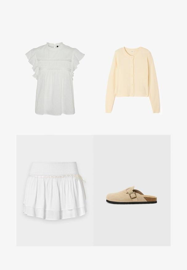 Lichtbeige geknipte cardigan van zachte breistof, met een ronde halslijn, knoopsluiting en ribgebreide manchetten en zoom.; Witte blouse met korte gerimpelde mouwen, voorzien van een ronde halslijn en decoratieve kantafwerking op de borst. Gestippeld patroon over het geheel.; Witte, gelaagde rok met een elastische tailleband, voorzien van een gestructureerde smockdetail en een decoratieve lintaccent. Katoenen stof.; Beige suède instapklompen met een kurken voetbed, een ronde teen en een eenvoudige band met een goudkleurige gesp. Rubberen zool voor grip.