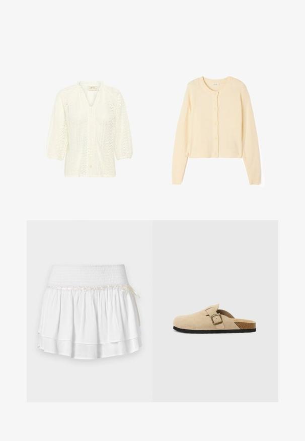 Light beige cropped cardigan made of soft knit fabric, featuring a round neckline, button closure, and ribbed cuffs and hem.; White blouse featuring a textured lace pattern, three-quarter puff sleeves, a button front, and a high neckline with a ruffled edge.; White tiered skirt with an elastic waistband, featuring a textured smocking detail and a decorative ribbon accent. Cotton fabric.; Beige suede slide-on clogs with a cork footbed, rounded toe, and a simple strap featuring a gold-tone buckle. Rubber sole for grip.